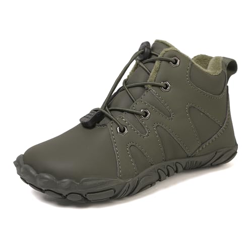 FLIOZY Kinder Barfuß Winterstiefel mit Warmfutter Weite Zehenbox Wasserdicht & Rutschfest Zero Drop Outdoor Schuhe für Jungen & Mädchen Wanderschuhe Sneaker für Herbst & Winter Green 32 von FLIOZY