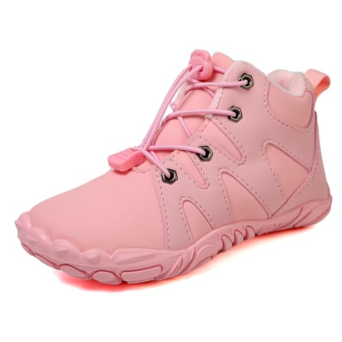 FLIOZY Kinder Barfuß Winterstiefel mit Warmfutter Weite Zehenbox Wasserdicht & Rutschfest Zero Drop Outdoor Schuhe für Jungen & Mädchen Wanderschuhe Sneaker für Herbst & Winter Pink 30 von FLIOZY