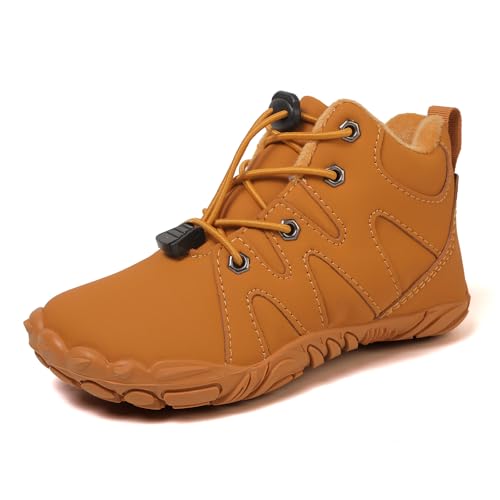 FLIOZY Kinder Barfuß Winterstiefel mit Warmfutter Weite Zehenbox Wasserdicht & Rutschfest Zero Drop Outdoor Schuhe für Jungen & Mädchen Wanderschuhe Sneaker für Herbst & Winter Yellow 33 von FLIOZY