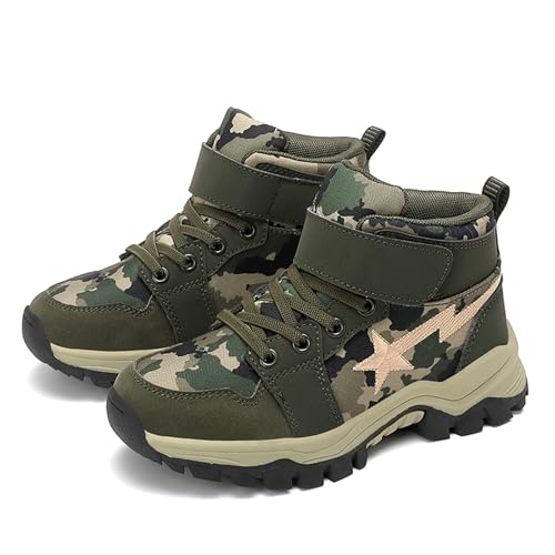 FLIOZY Kinder Camo Wanderschuhe wasserdichte Winterschuhe mit Atmungsaktivem Mesh rutschfeste Sohle Einfacher Klettverschluss Jungen Outdoor-Schuhe Green 34 von FLIOZY