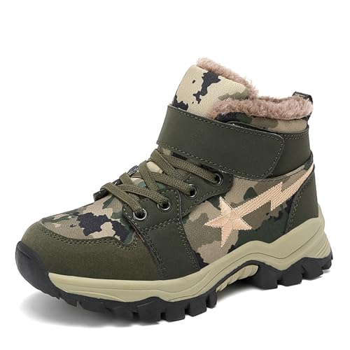 FLIOZY Kinder Camo Wanderschuhe wasserdichte Winterschuhe mit Atmungsaktivem Warmer Plüschfütterung rutschfeste Sohle Einfacher Klettverschluss Jungen Outdoor-Schuhe Green 30 von FLIOZY