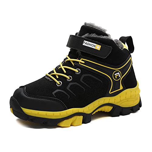 FLIOZY Kinder Trekking Wanderhalbschuh Schneestiefel Jungen Mädchen Warm Gefütterte Winterschuhe Outdoor Winterboots Trekkingschuhe rutschfest Bequem Wanderstiefel Schwarz/Gelb 34 von FLIOZY
