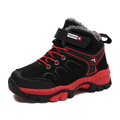 FLIOZY Kinder Trekking Wanderhalbschuh Schneestiefel Jungen Mädchen Warm Gefütterte Winterschuhe Outdoor Winterboots Trekkingschuhe rutschfest Bequem Wanderstiefel Schwarz/Rot 36 von FLIOZY