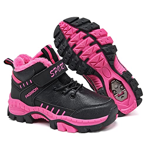 FLIOZY Kinder Wanderhalbschuh Jungen Mädchen Gefütterte Winterstiefel rutschfeste Wanderstiefel Outdoor Trekking Schuhe Camping Schwarz/Rose 39 von FLIOZY