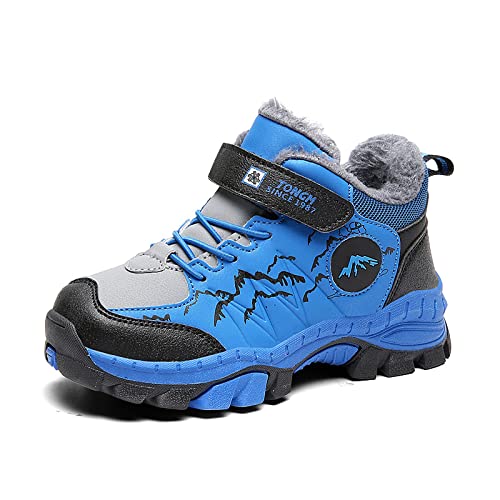 FLIOZY Kinder Winterschuhe Warm Gefüttert Wanderhalbschuh Jungen Mädchen rutschfest Winterstiefel Baumwollschuhe Trekkingschuhe Outdoor Bequem Winterboots Blau 34 von FLIOZY