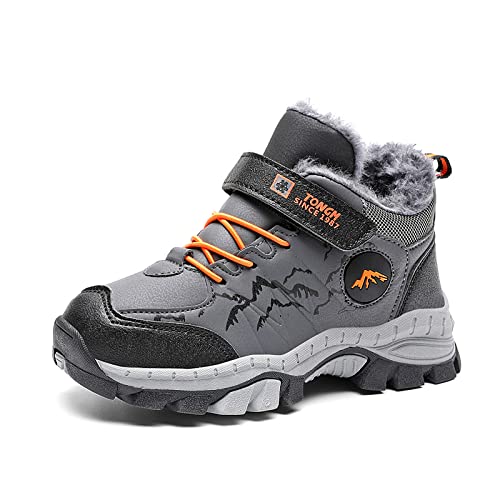 FLIOZY Kinder Winterschuhe Warm Gefüttert Wanderhalbschuh Jungen Mädchen rutschfest Winterstiefel Baumwollschuhe Trekkingschuhe Outdoor Bequem Winterboots Grau 35 von FLIOZY