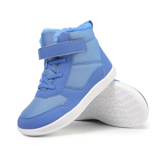 FLIOZY Kinder Winterstiefel mit breiter Zehenbox Jungen Mädchen rutschfest wasserdicht Sohle Minimalist Pelz warm Knöchel Winter Schneestiefel Schuhe für Kleinkinder kleine Kinder blau 34 von FLIOZY