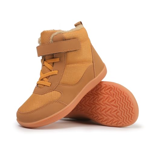 FLIOZY Kinder Winterstiefel mit breiter Zehenbox Jungen Mädchen rutschfest wasserdicht Sohle Minimalist Pelz warm Knöchel Winter Schneestiefel Schuhe für Kleinkinder kleine Kinder braun 26 von FLIOZY