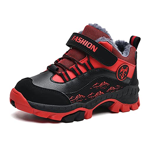 FLIOZY Trekking Wanderhalbschuh Kinder Winterschuhe Jungen Mädchen Warm Gefütterte rutschfest Wanderstiefel Bequem Winterboots Outdoor Trekkingschuhe Schneestiefel Schwarz/Rot 34 von FLIOZY
