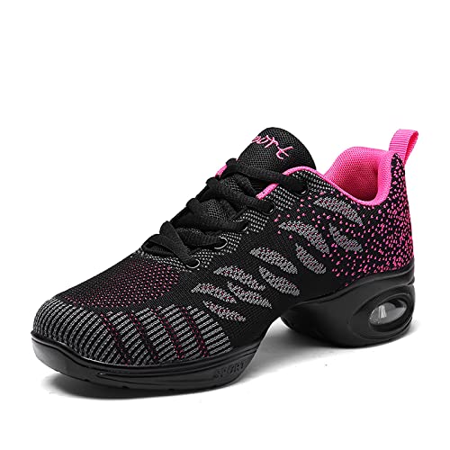 Moderne Tanzschuhe Damen Atmungsaktiv Leicht Jazzschuhe Walking Fitness Sportschuhe Gymnastik Tanzschuhe Dancesneaker Schwarz/Rosa 41 von FLIOZY