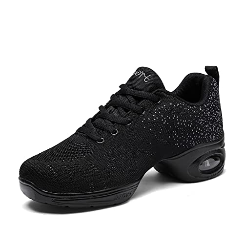 Moderne Tanzschuhe Damen Atmungsaktiv Leicht Jazzschuhe Walking Fitness Sportschuhe Gymnastik Tanzschuhe Dancesneaker Schwarz 38 von FLIOZY