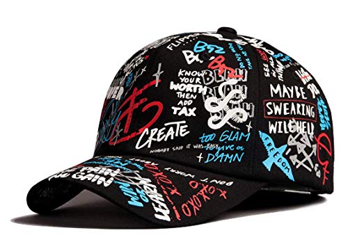 Flipper Designer Graffiti Doodle Baumwolle Baseball Cap für Herren Damen Kpop Hat mit gebogener Krempe, verstellbar, Schwarz/Mehrfarbig (XL ~ XXL), 7 3/8/7 5/8 von FLIPPER