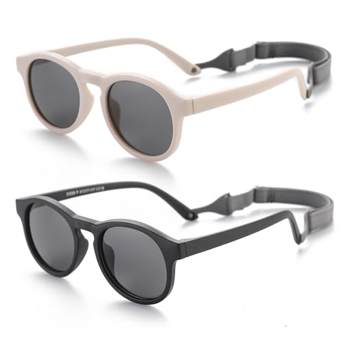 FLJMRAVER Baby First Sonnenbrille mit Riemen, rund, flexibel, UV400, polarisiert, für Kinder von 0–24 Monaten, B2 x 2er-Pack (Mattbeige + mattschwarz), Small von FLJMRAVER