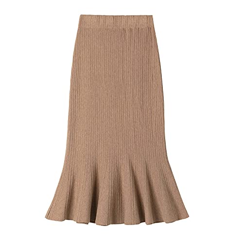 FLLLYQ Damen Fischschwanzrock Stricken - Enge Hüfte Wickelrock Wadenlänge Midirock, Eleganter Fischschwanzsaum Langer Rock, Winter Dicker Strickrock Für Damen, Khaki, One Size von FLLLYQ