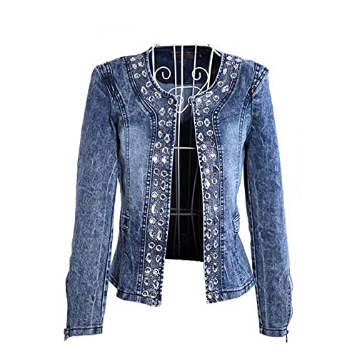 FLLLYQ Damen Jeansjacke, Lässige Jeansjacke Mit Rundhalsausschnitt, Schmale Jeansjacke In Übergröße, Stylische Strickjacke Mit Strasssteinen Für Damen, S von FLLLYQ