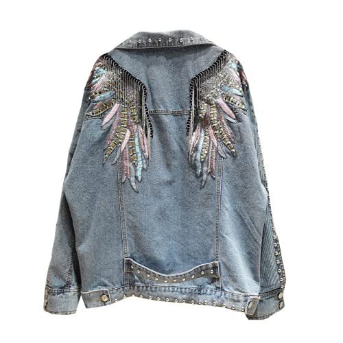 FLLLYQ Damen Jeansjacke, Rivet Wings Mäntel, Damen Langarm Bestickte Jeansjacke, Lässige Kurze Jeansmantel Jacken Mit Metallquasten Und Nieten, Einheitsgröße FLLLYQ Damen Jeansjacke, Rivet Wings Mäntel, Damen Langarm Bestickte Jeansjacke, Lässige Kurze Jeansmantel Jacken Mit Metallquasten Und Nieten, Einheitsgröße von FLLLYQ