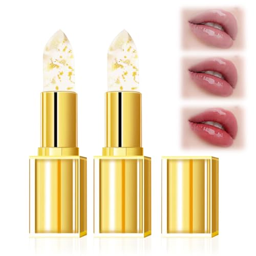 2 PCS Transferproof Color Changing Lipstick, Gold Foil for Women, Long Lasting Moisturizing Glossy Shine Lip Gloss, Deep Nourishment, Transparente Gold Crystal Lip Stick von FLLUOUZH
