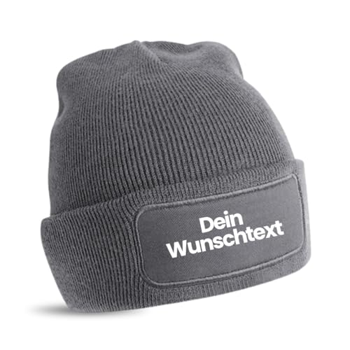 FLOCKex* personalisierte Beanie Mütze Bedruckt mit Wunschtext | warme Soft-Touch Wintermütze aus doppellagigem Strick mit Twill-Patch | individueller Schutz vor Nässe und Kälte | Graphite Grey von FLOCKex