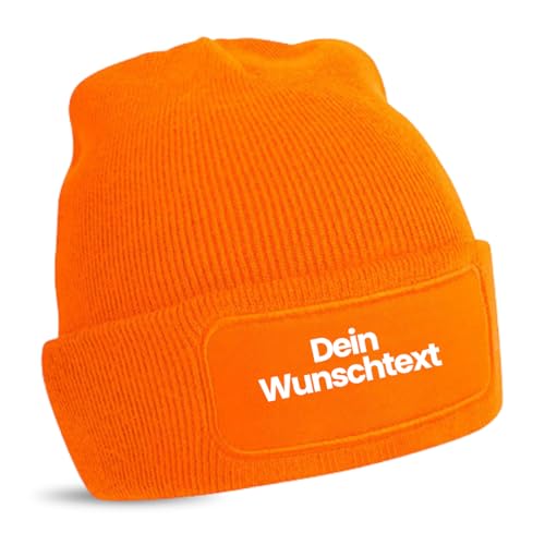 FLOCKex* personalisierte Beanie Mütze Bedruckt mit Wunschtext | warme Soft-Touch Wintermütze aus doppellagigem Strick mit Twill-Patch | individueller Schutz vor Nässe und Kälte | Orange von FLOCKex