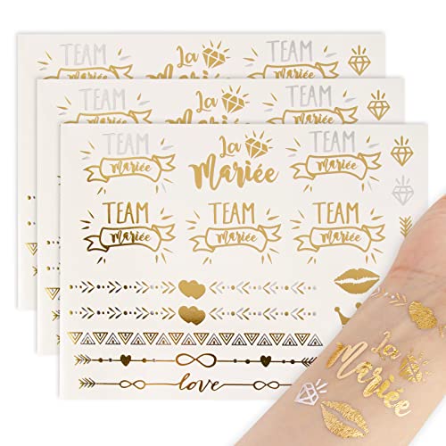 FLOFIA 3 Blätter Französische Wassertransfer Temporäre Tattoo Party Sticker La Mariée Team Mariée Hochzeitsdeko Gold Silber 195x145mm von FLOFIA