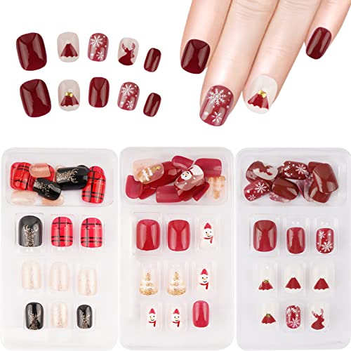 FLOFIA 72Stk. Weihnachten Nägel Kurz Kunstnägel Künstliche Nägel zum Aufkleben Falsche Nägel Weihnachtsmann Schneeflocken Vollabdeckung Fingernägel Nageldesign für Mädchen Frauen Rot A von FLOFIA