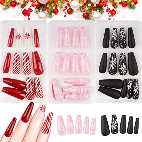 FLOFIA 72x Weihnachten Nägel Lang zum Aufkleben Künstliche Nägel Ballerina Falsche Nägel Fingernägel Kunstnägel Set Nageldesign für Frauen Mädchen Rosa Rot Schwarz von FLOFIA