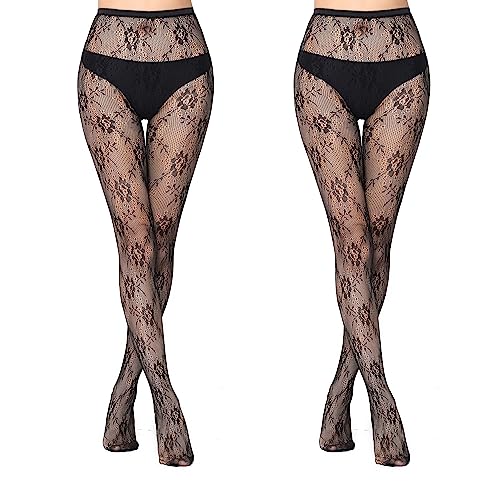 FLORA GAURD 2 PC Netzstrumpfhose Schwarz, Fishnet Stockings Strümpfe Strumpfhosen Netzstrümpfe Hohe Taille Fischernetz Strumpfhosen für Damen（6037） von FLORA GUARD