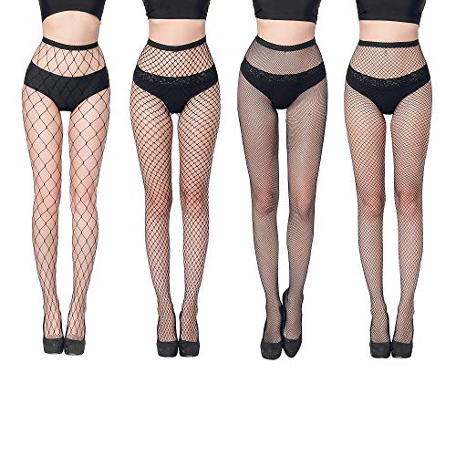 FLORA GUARD 4 PCS Netzstrumpfhose Schwarz, Fishnet Stockings Strümpfe Strumpfhosen Netzstrümpfe Hohe Taille Fischernetz Strumpfhosen für Damen（Eine Grösse passt allen） von FLORA GUARD