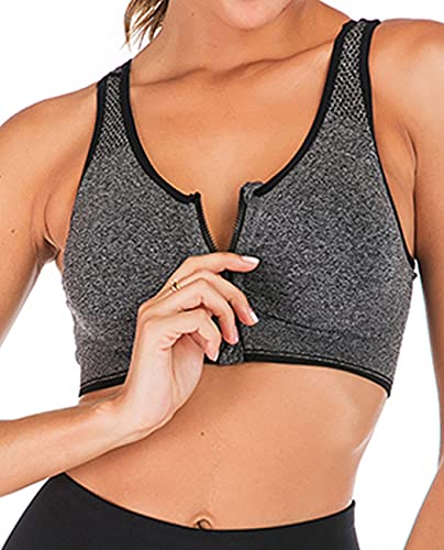 FLORATA Damen Reißverschluss vorne Sport BH Wireless Postchirurgie BH Racerback Yoga BHs, grau, XX-Large von FLORATA