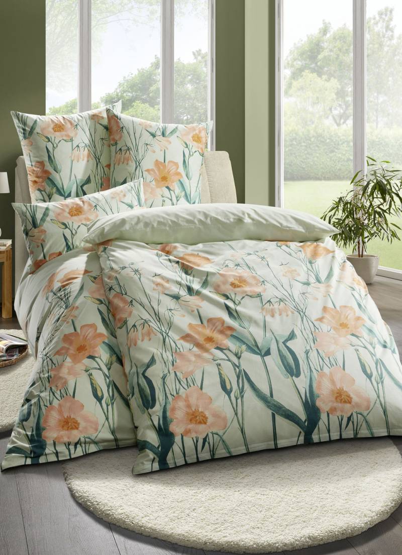 Beidseitig bedruckte Bettwäsche-Garnitur von Florella, Größe 112 (80x80 cm + 135x200 cm), Grün von FLORELLA