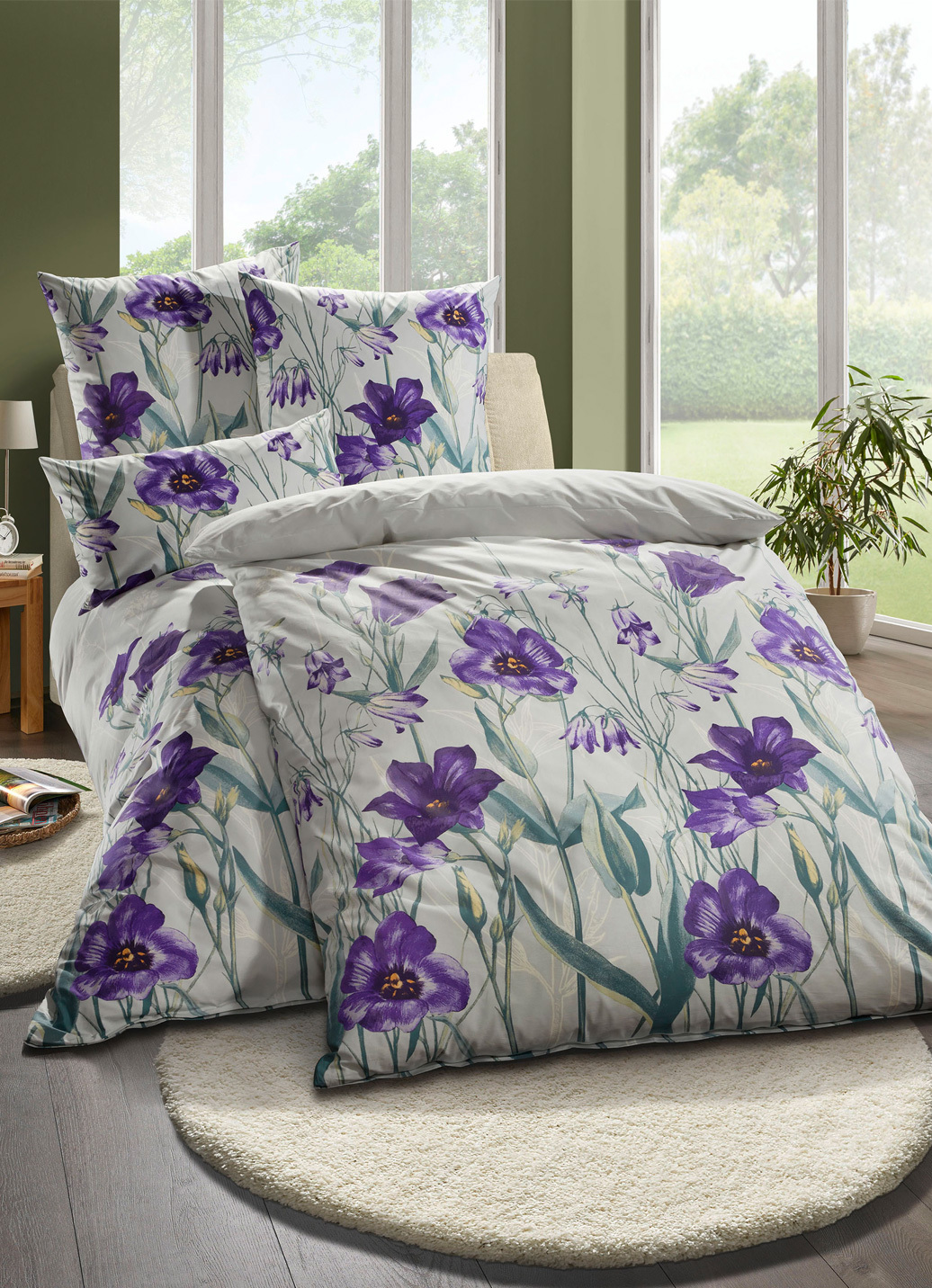 Beidseitig bedruckte Bettwäsche-Garnitur von Florella, Größe 112 (80x80 cm + 135x200 cm), Silber von FLORELLA