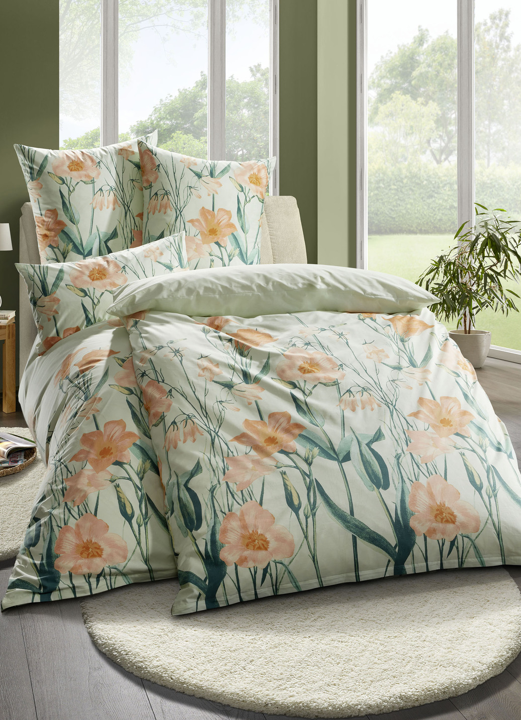 Beidseitig bedruckte Bettwäsche-Garnitur von Florella, Größe 115 (80x80 cm + 155x220 cm), Grün von FLORELLA