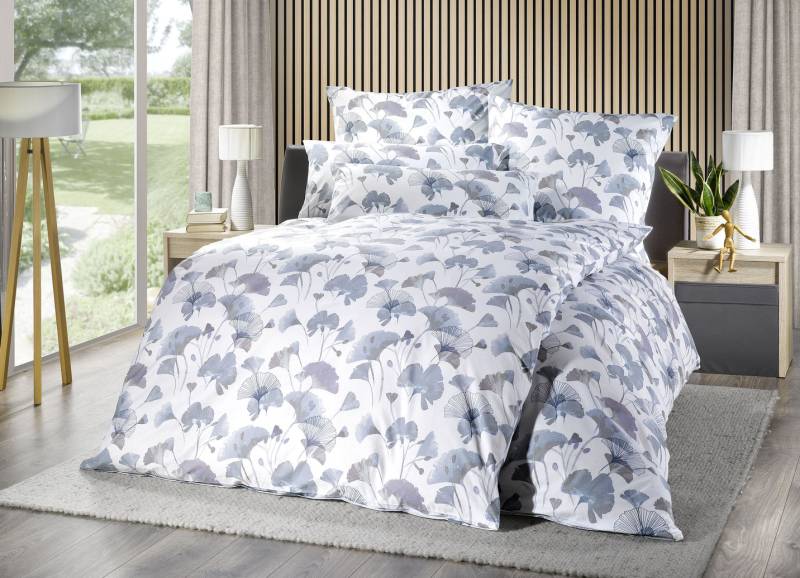 Bettwäsche-Garnitur mit Ginkgo-Blätter-Motiv, Größe 112 (80x80 cm + 135x200 cm), Grau von FLORELLA