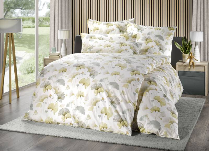 Bettwäsche-Garnitur mit Ginkgo-Blätter-Motiv, Größe 115 (80x80 cm + 155x220 cm), Beige von FLORELLA