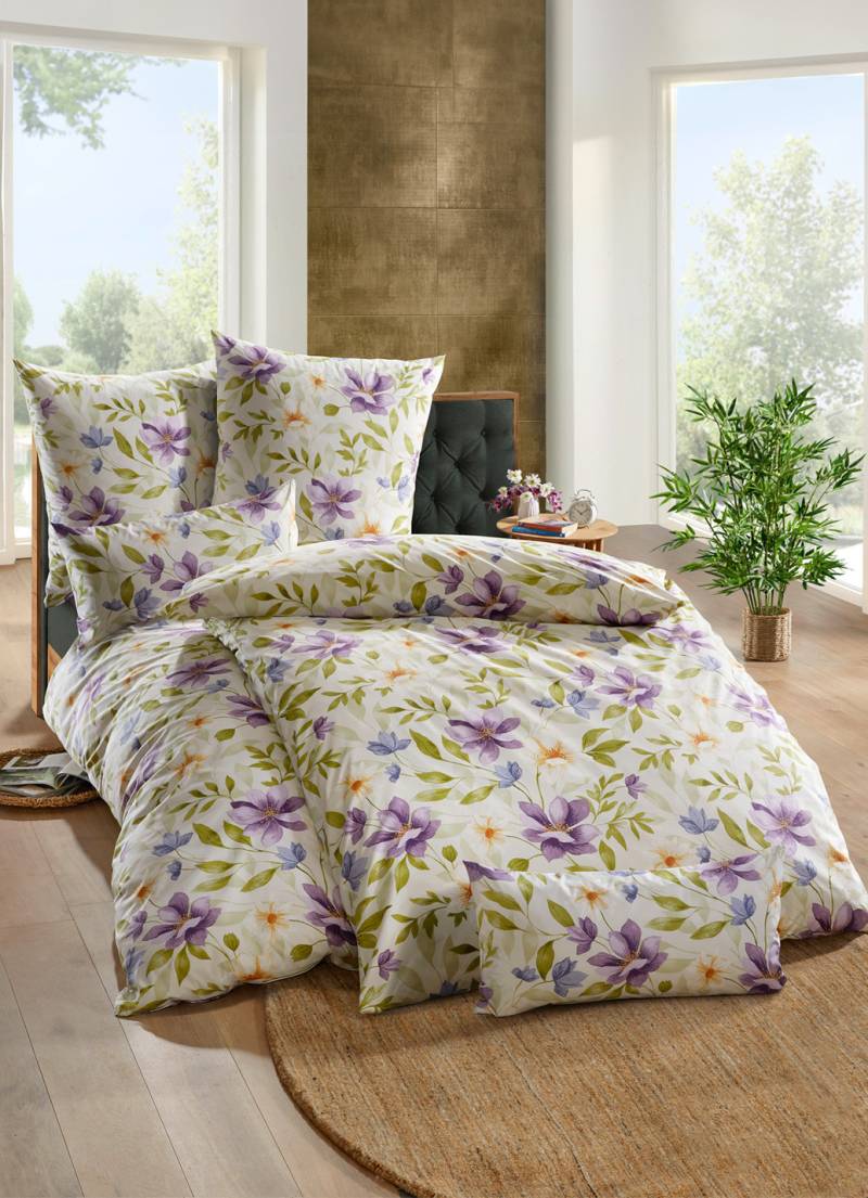 Fein-Renforcé Bettwäsche aus 100% Baumwolle, Größe 111 (40x80 cm + 135x200 cm), Creme-Flieder von FLORELLA