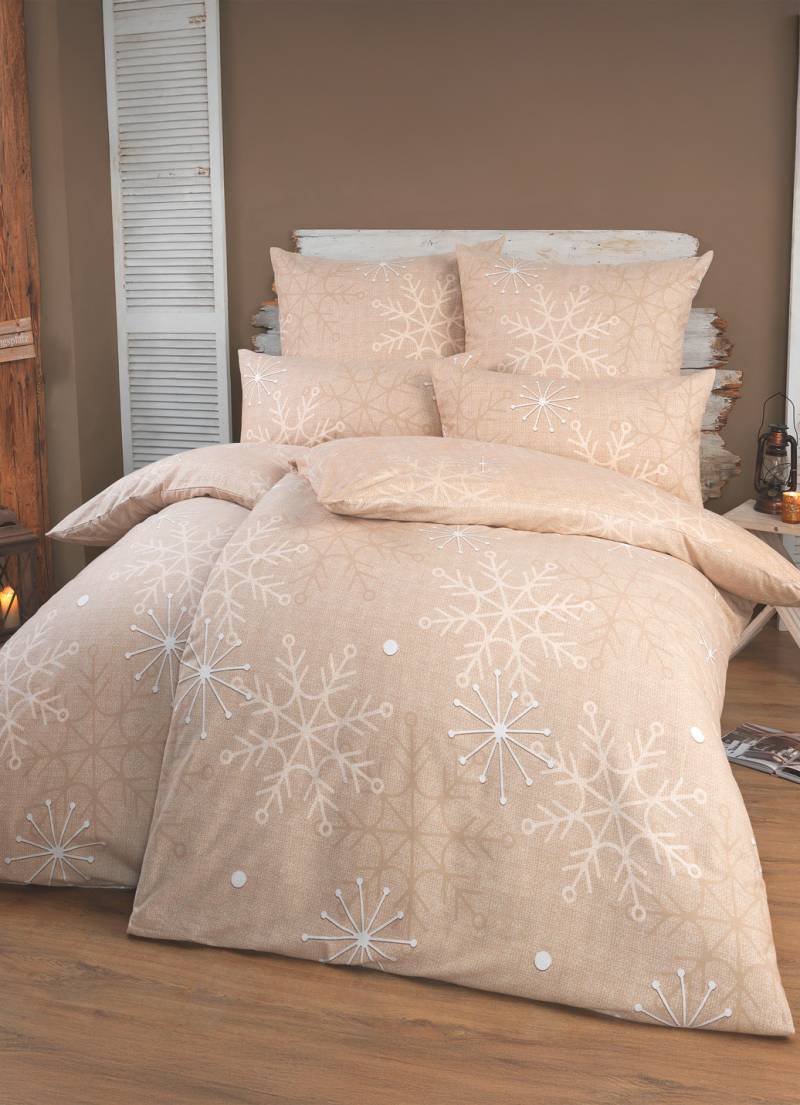 Florella Bettwäsche-Garnitur mit Schneeflocken und Eiskristalle, Größe 111 (40/80 cm + 135/200 cm), Beige von FLORELLA