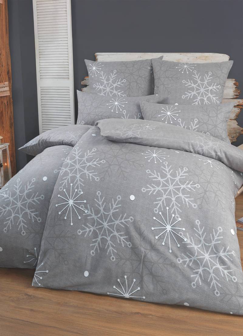 Florella Bettwäsche-Garnitur mit Schneeflocken und Eiskristalle, Größe 112 (80/80 cm + 135/200 cm), Grau von FLORELLA