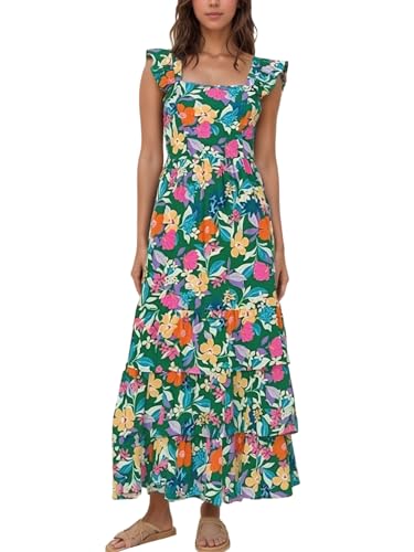 2025 Damen Sommer Boho Blumen Maxikleid mit Taschen - A-Linie gesmokte gestufte Rüschen ärmellos Strand Sonnenkleid, Grün , Mittel von FLORENCE IISA