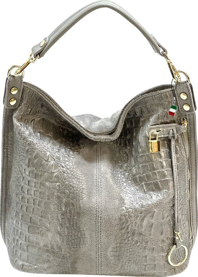 FLORENCE Beuteltasche Florence Beuteltasche Echtleder grau (Beuteltasche), Damen Beuteltasche, Shopper Leder, grau ca. 33cm hoch, Kroko-Prägung von FLORENCE