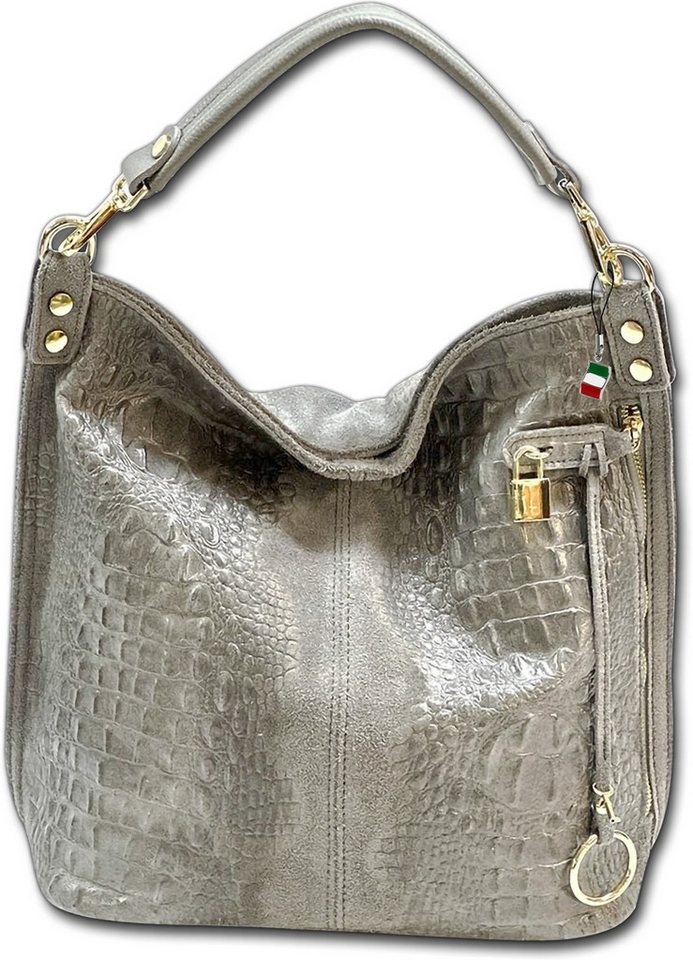 FLORENCE Shopper Beuteltasche Shopper grau Florence (Beuteltasche, Shopper), Damen Tasche Echtes Leder, Kalbsleder grau, Kroko-Prägung von FLORENCE