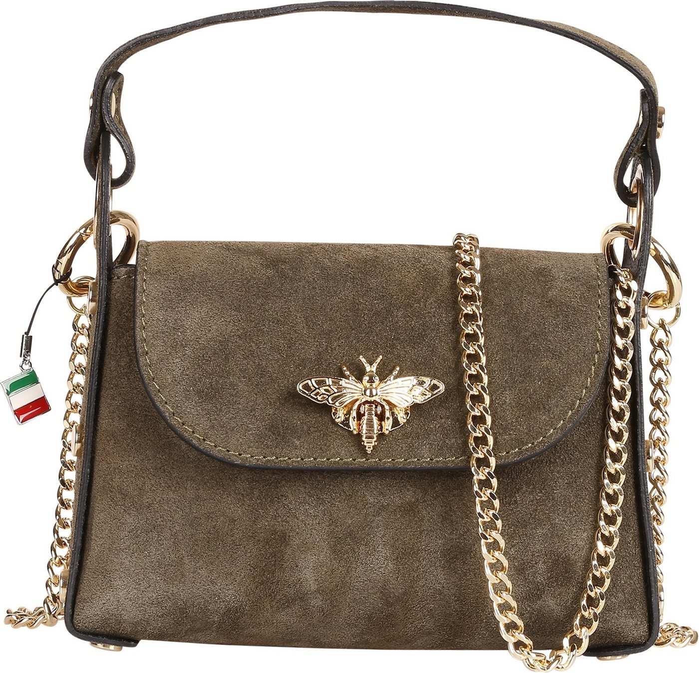 FLORENCE Umhängetasche Florence Biene Damen Handtasche Wildleder (Umhängetasche), Damen Umhängetasche Leder, olivgrün ca. 19cm x 14cm hoch von FLORENCE