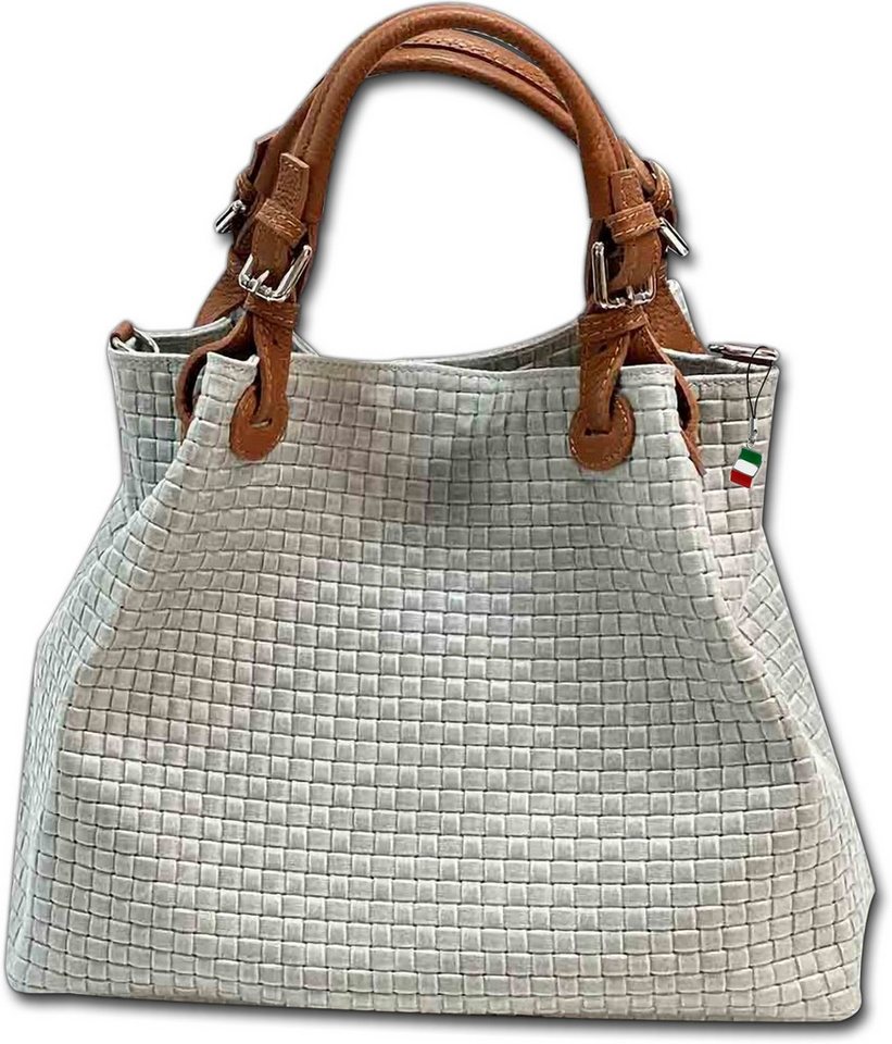 FLORENCE Umhängetasche Handtasche grau braun Florence Tasche (Umhängetasche, Umhängetasche), Damen Tasche Echtes Leder grau, braun, geprägtes Flechtmuster von FLORENCE