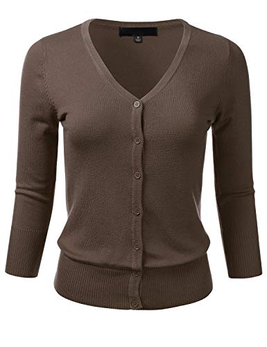 FLORIA Damen Button Down 3/4 Ärmel V-Ausschnitt Stretch Knit Cardigan Sweater (S-3X) - Braun - Klein von FLORIA