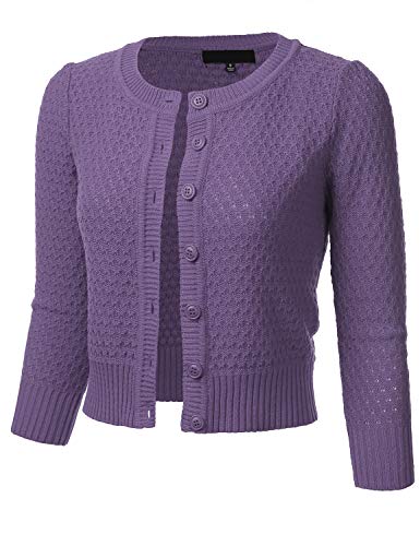 FLORIA Damen Strickjacke mit Knopfleiste und 3/4-Ärmeln, Rundhalsausschnitt, Baumwolle, gestrickt, Cropped Cardigan Sweater (S-3X), Fm3514_Blaubeere, X-Groß von FLORIA