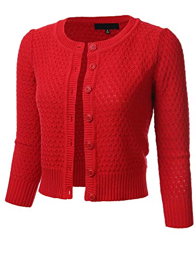 FLORIA Damen Strickjacke mit Knopfleiste und 3/4-Ärmeln, Rundhalsausschnitt, Baumwolle, gestrickt, Cropped Cardigan Sweater (S-3X) - Rot - X-Groß von FLORIA