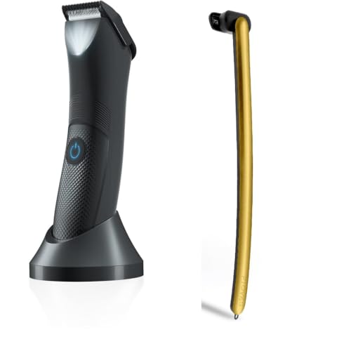 FLOVES Rückenrasierer Herren - 3 magnetische Ersatzrasierer, Rasierer mit 3-lagigen Klingen und schwenkbarem Scherkopf, 39,5cm langer Griff, Körperhaarschneider für Männer (Gold) (Schwarz) von FLOVES