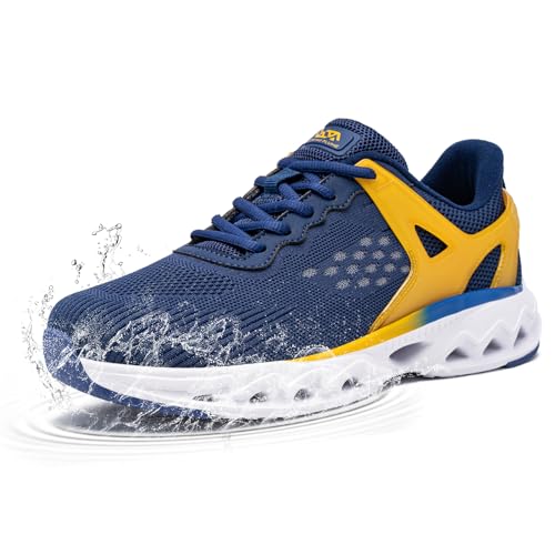 FLOWING PLUME wasserdichte Schuhe Herren Sportschuhe Leichtgewichts Laufschuhe Turnschuhe Freizeit Walkingschuhe Fitness Outdoor Running Sneaker(Blau Gelb,45EU) von FLOWING PLUME