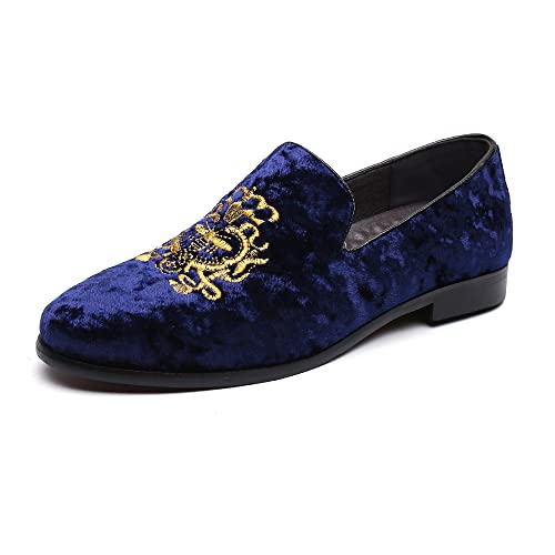 FLQL Herren Luxus Samt Penny Loafer Schuhe Stickerei Wildleder Kleid Loafer Täglich Boote Schuhe für Party Hochzeit Abschlussball Größe 40-47, blau, 46.5 EU von FLQL
