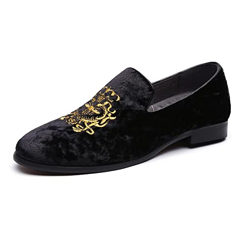 FLQL Herren Luxus Samt Penny Loafer Schuhe Stickerei Wildleder Kleid Loafer Täglich Boote Schuhe für Party Hochzeit Abschlussball Größe 40-47, schwarz, 46.5 EU von FLQL