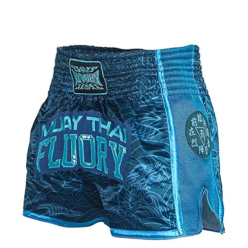 FLUORY Muay Thai-Shorts, Größe: XS, S, M, L, XL, 2XL, 3XL, 4XL, Boxshorts für Herren/Damen/Kinder in vielen Farben, Mtsf69dunkelblau, Mittel von FLUORY